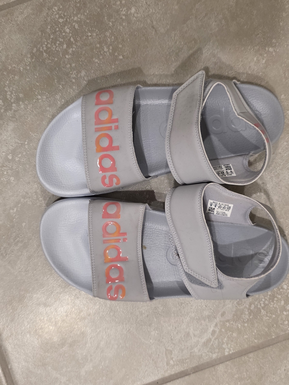 adidas Kids Light Gray Slide Sandals with Coral-Orange Logo